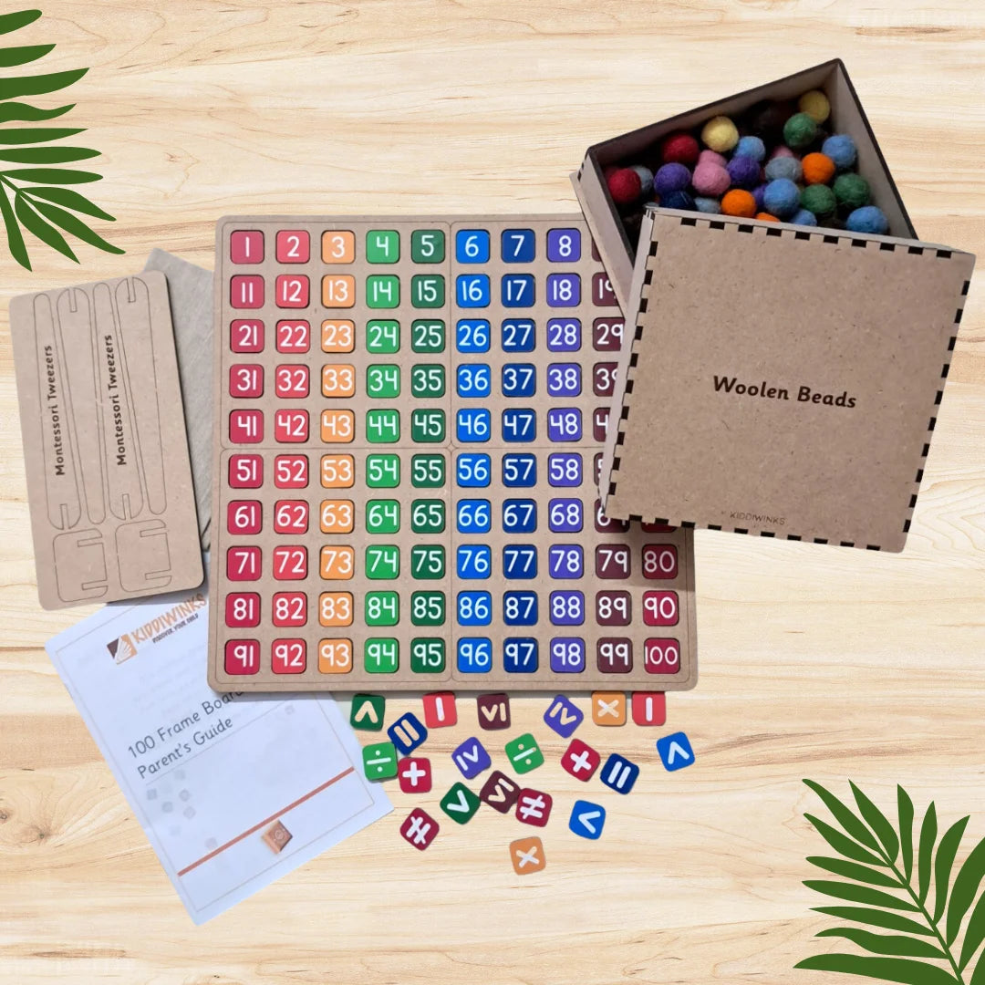 100 Frame Math Board for Kids – Number Tiles & Woolen Beads